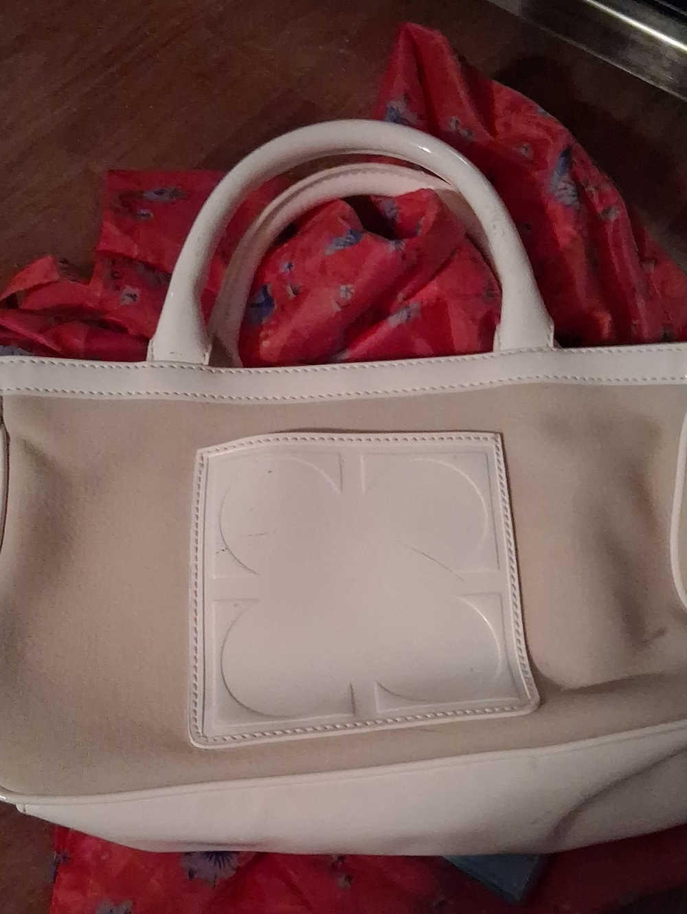 Liz Claiborne Cream Tote with Subtle Floral Patch
